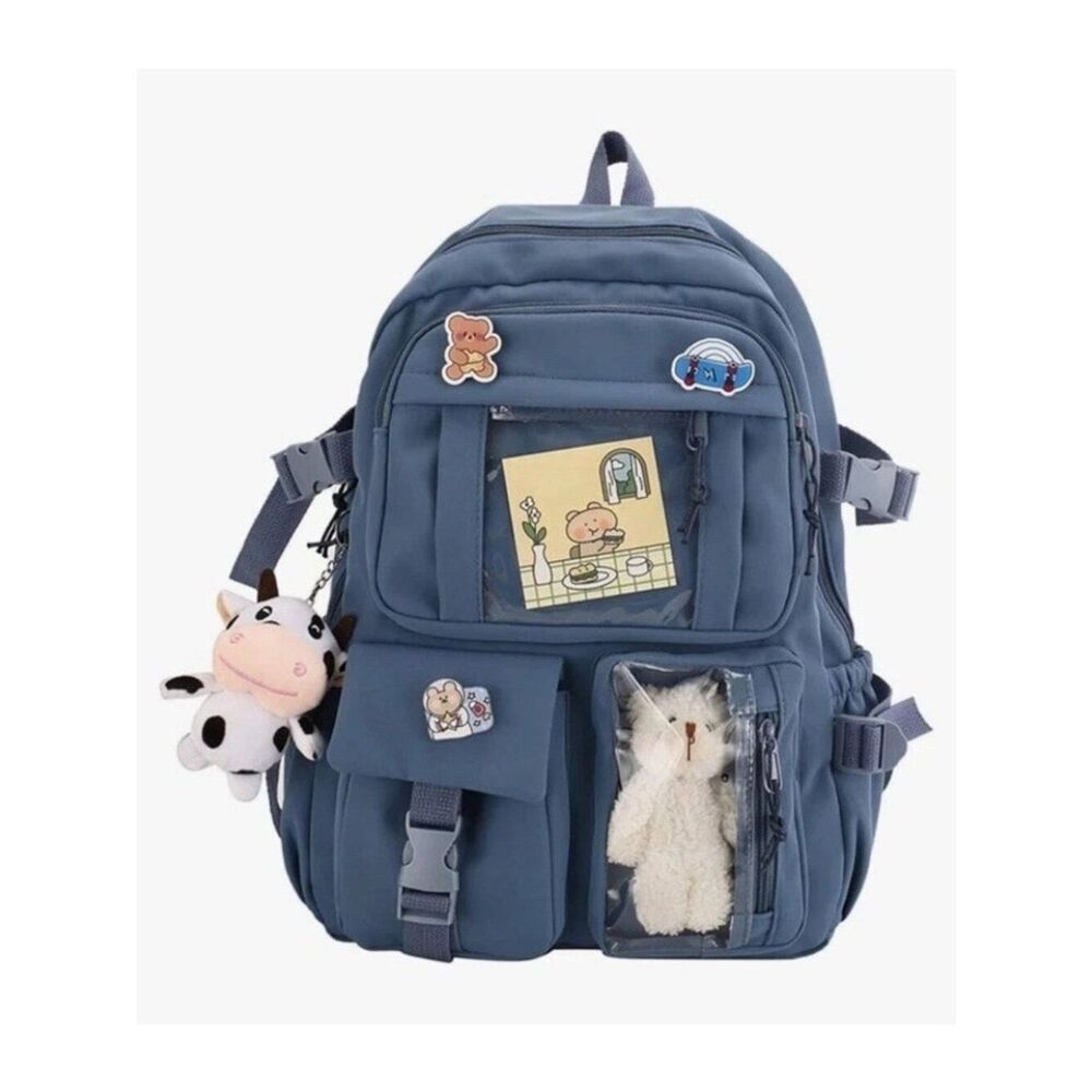 Kids Large Blue Canvas Backpack Pins Badges Plush Cow Keychain Padded New